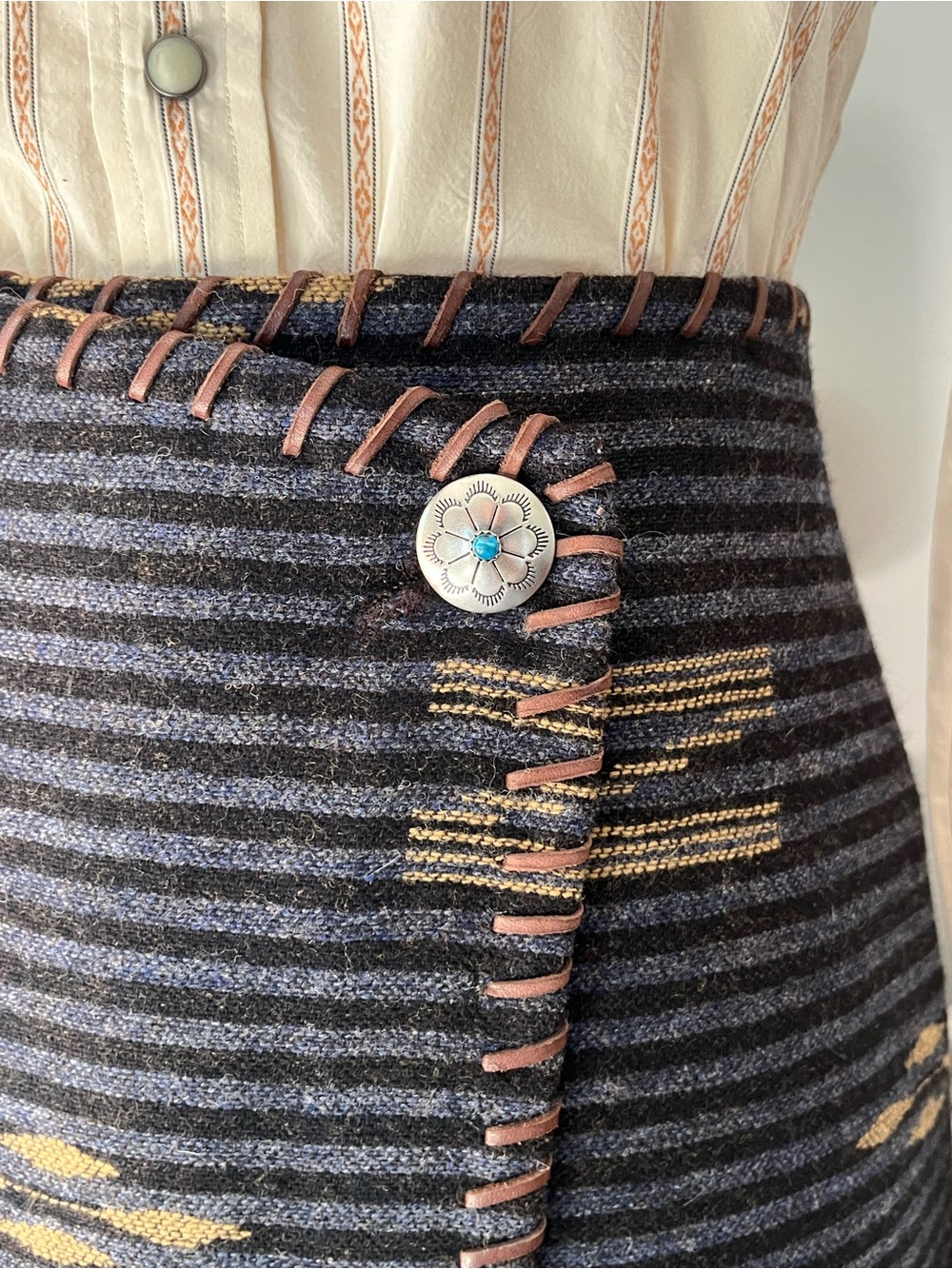 Vtg Ralph Lauren Western Southwest Wool Skirt dark blue wrap rodeo luxury - Picture 4 of 10